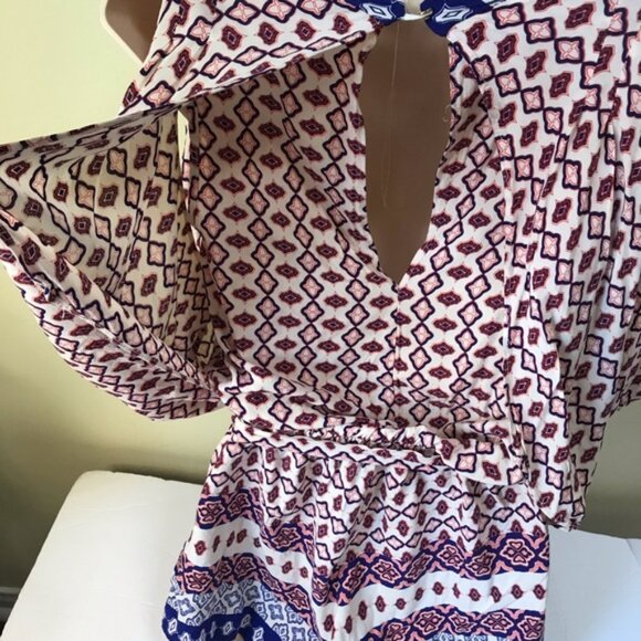 AVA New Shorts Romper Boho Print Jumpsuit V-Neck Festival Belt Neutral Summer S - Picture 4 of 11